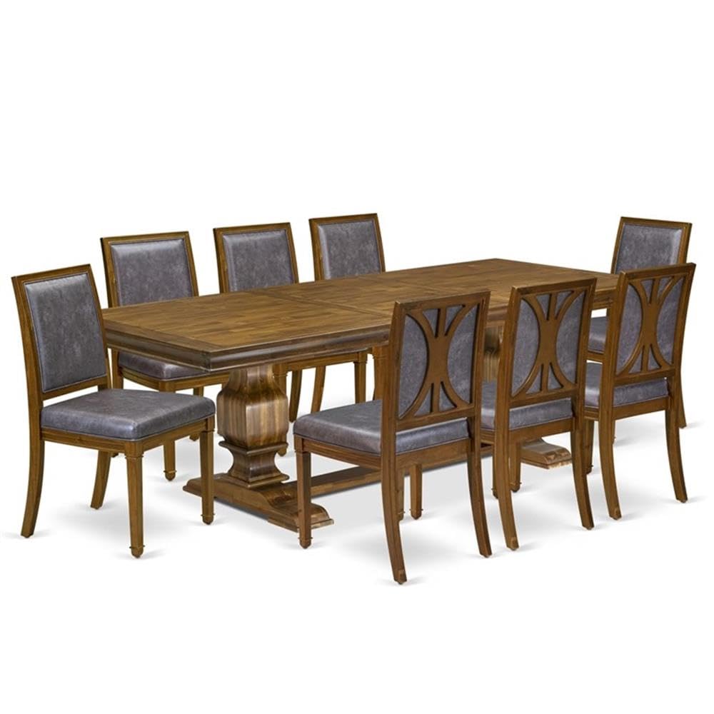 9-Piece Acacia Wood Dining Set with Removable Leaf Table and 8 Dark Grey PU Leather Chairs S12635