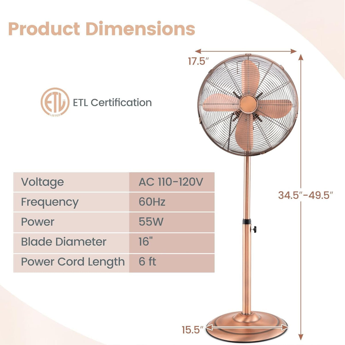 16'' Oscillating Pedestal Fan with 3 Speed Z600