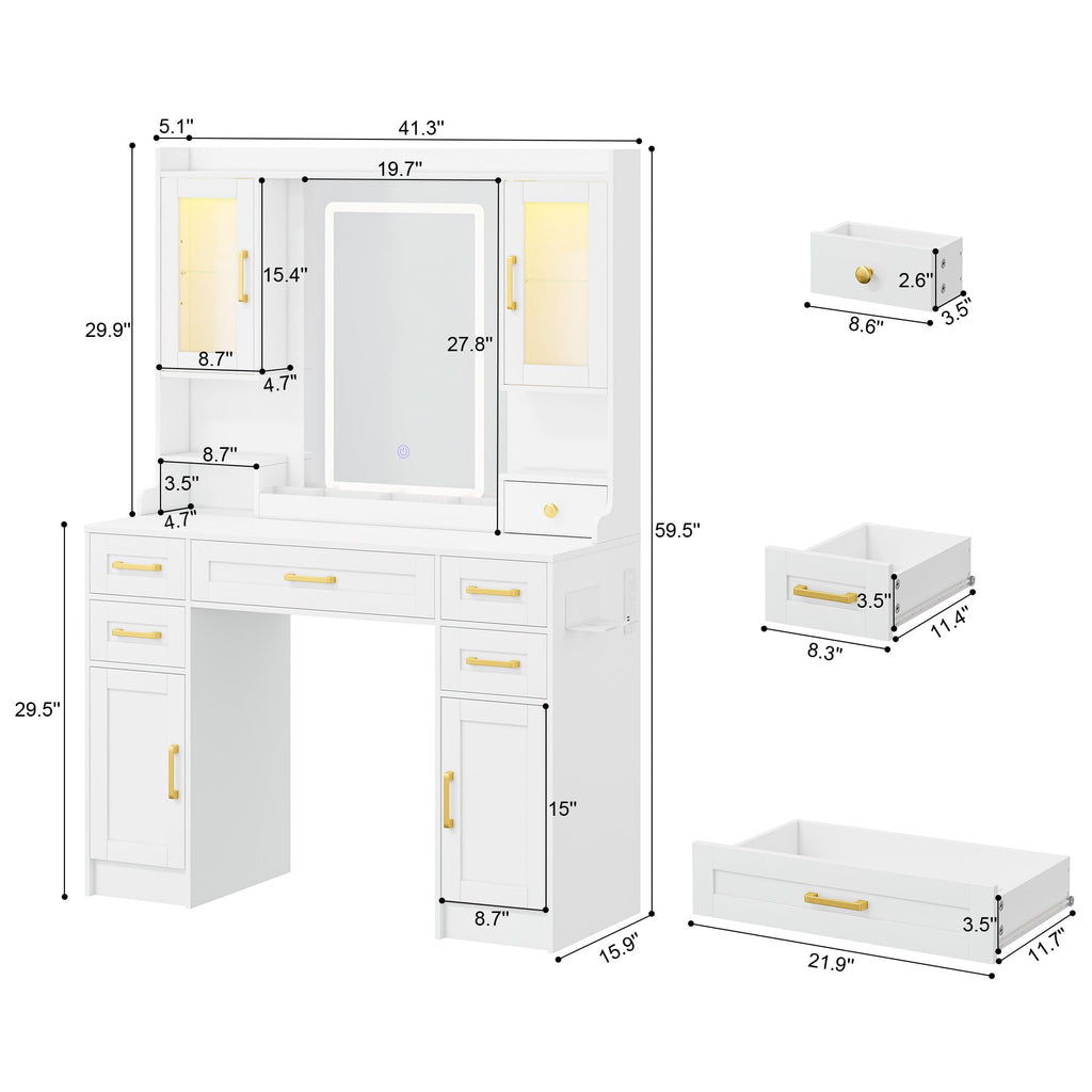 White Vanity Desk with Mirror, LED Lights and Power Outlet Y190405