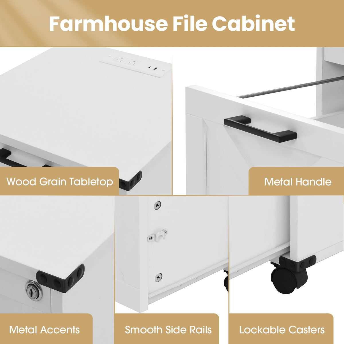 Small Wood File Cabinet with Charging Station and Lock, 3 Drawers R71530