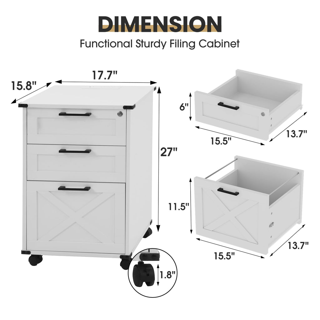 Small Wood File Cabinet with Charging Station and Lock, 3 Drawers R71530