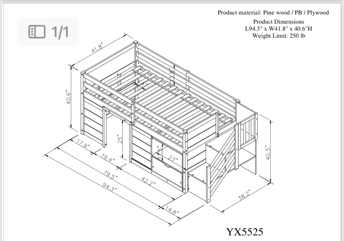 Twin Size Wood Loft Bed with Storage V886
