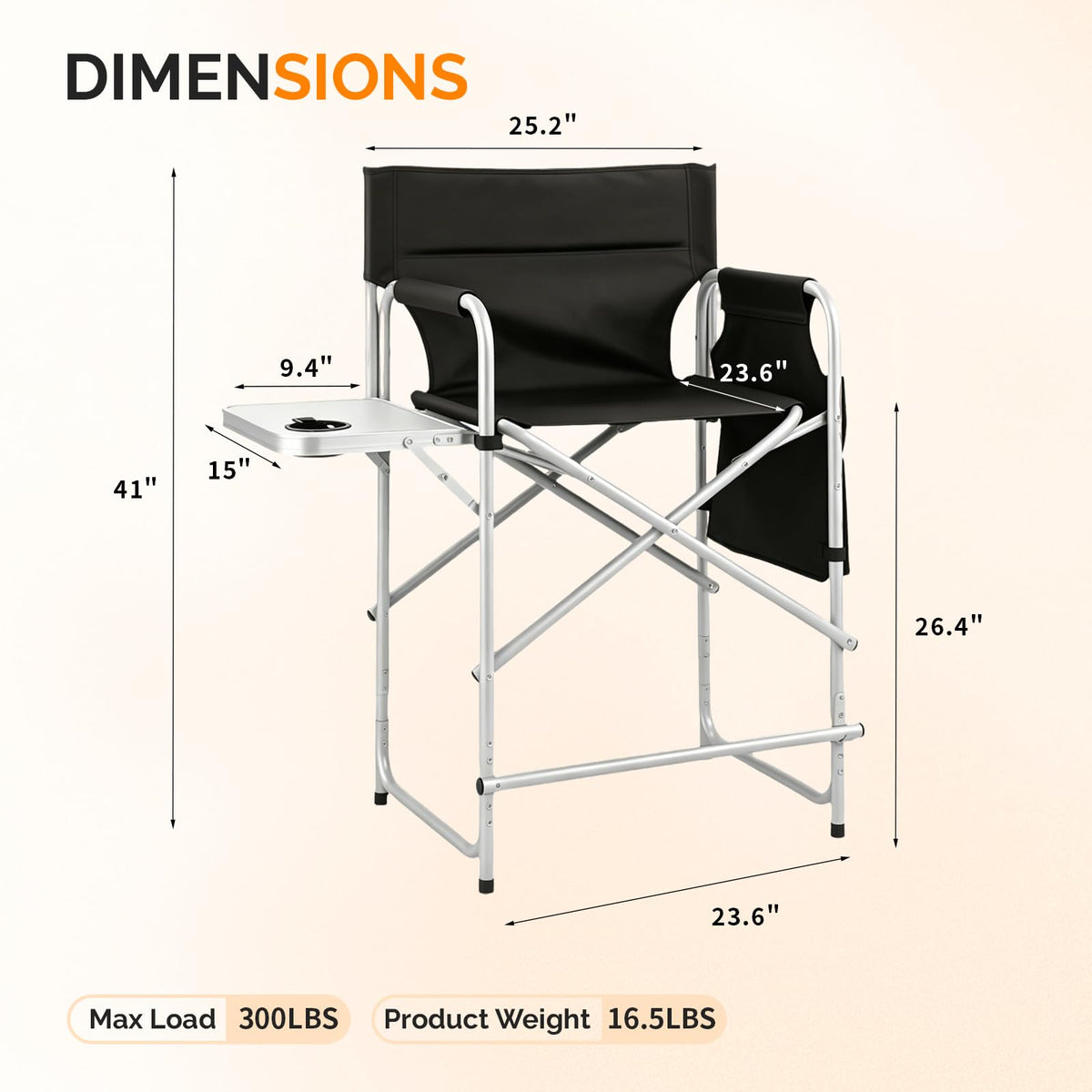 Black Foldable Makeup Chair with Side Table & Footrest S49182