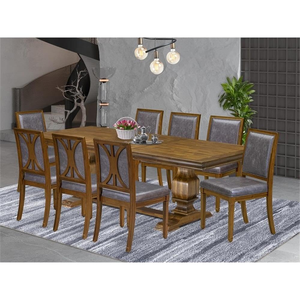 9-Piece Acacia Wood Dining Set with Removable Leaf Table and 8 Dark Grey PU Leather Chairs S12635