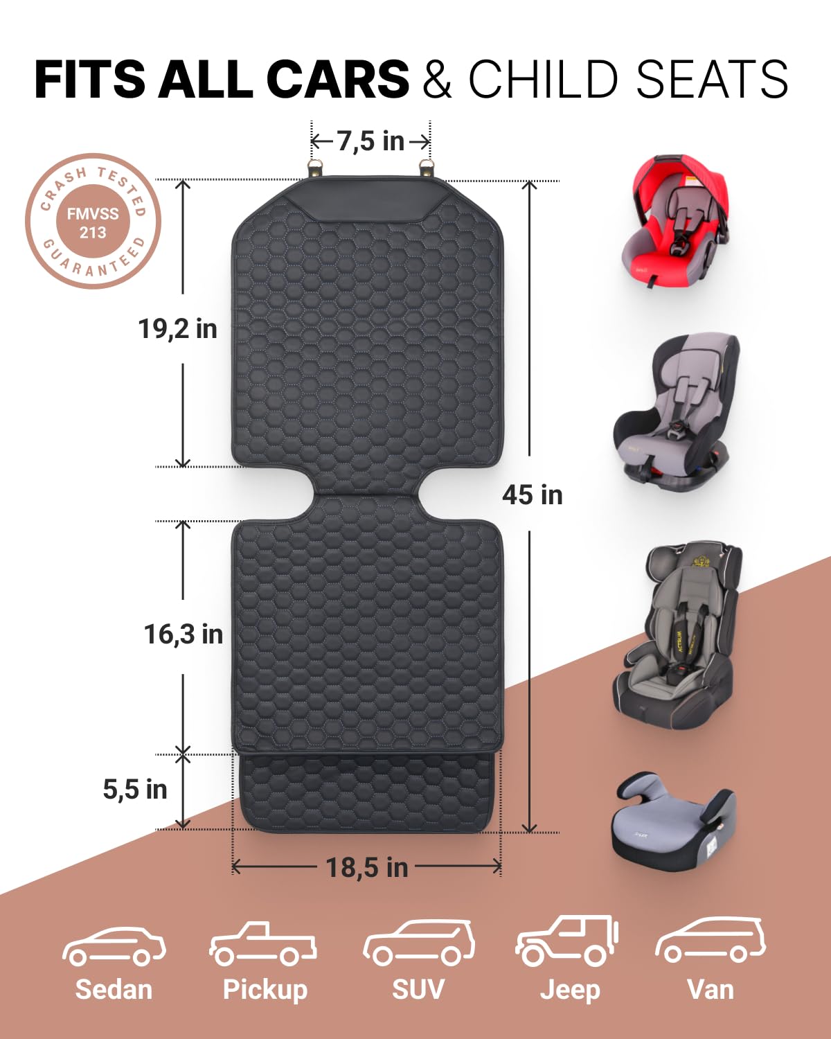 Black-Brown Backless Booster Seat with Latch, Leather Seat Protector & Kick Mat Set Y6300