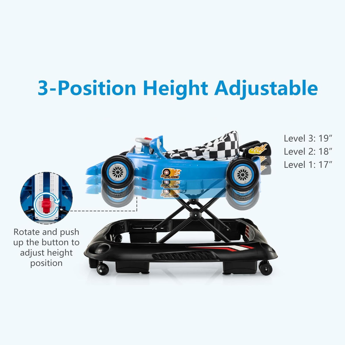Foldable Baby Walker 3 in 1 Adjustable Height with Lights Music Blue O727558