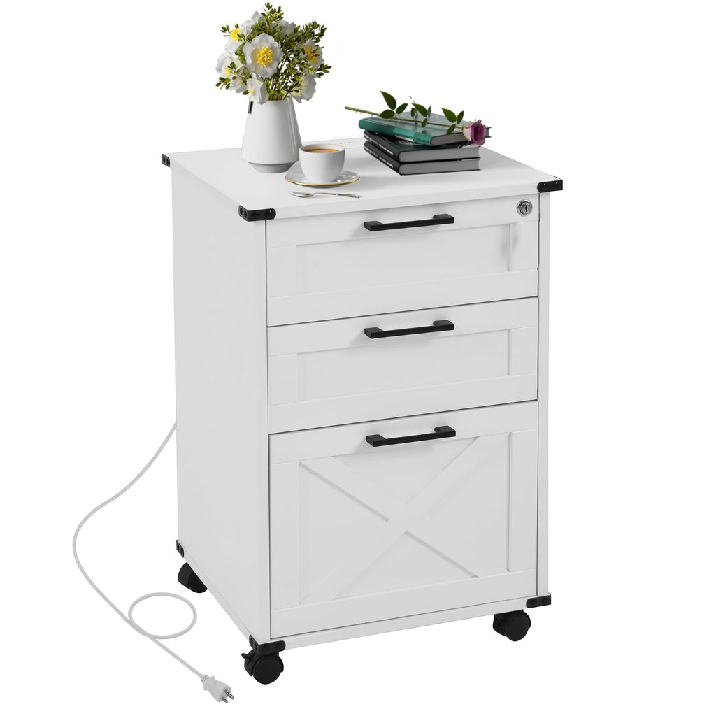 Small Wood File Cabinet with Charging Station and Lock, 3 Drawers R71530