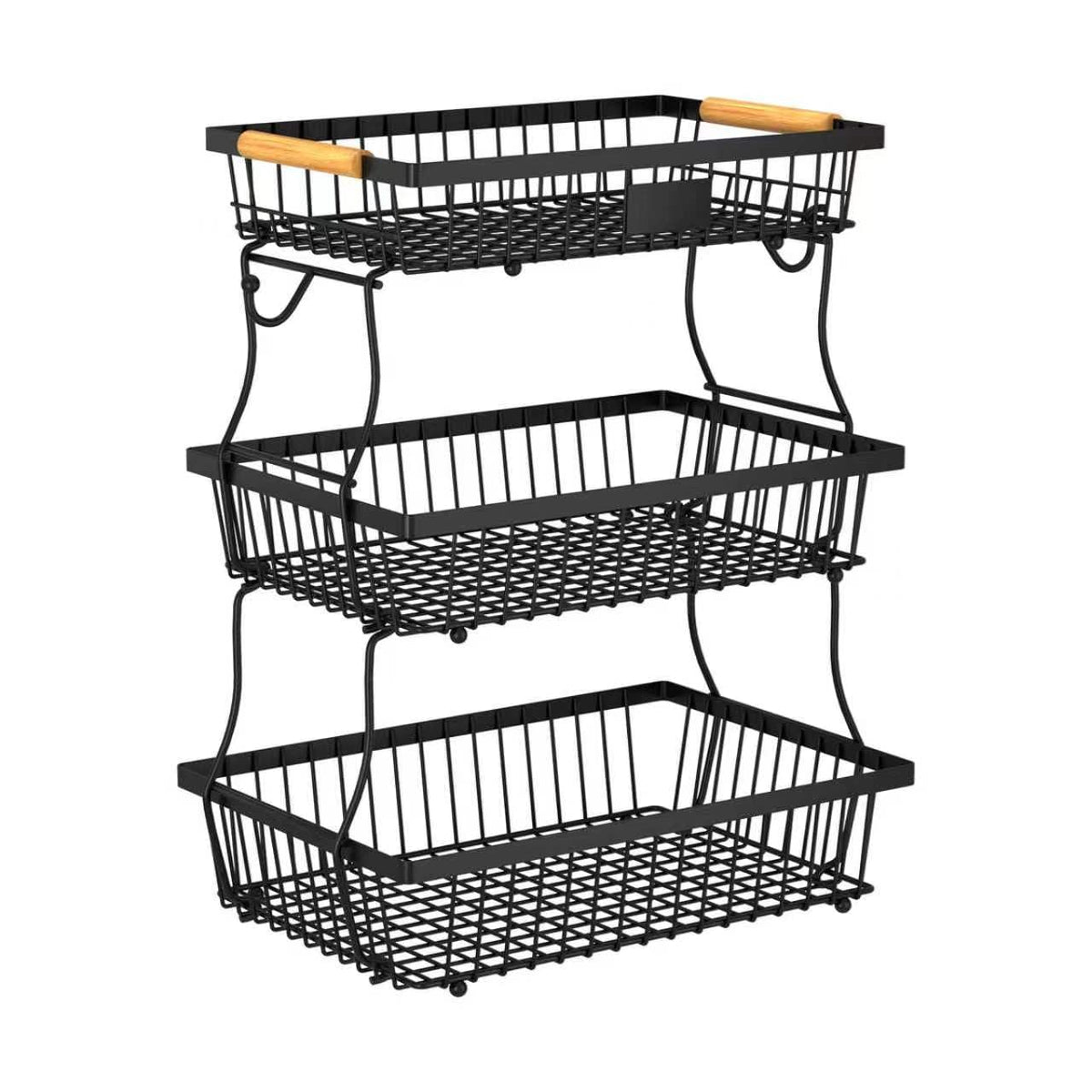 Black 3 Tier Metal Fruit Basket with Wooden Handle R1771