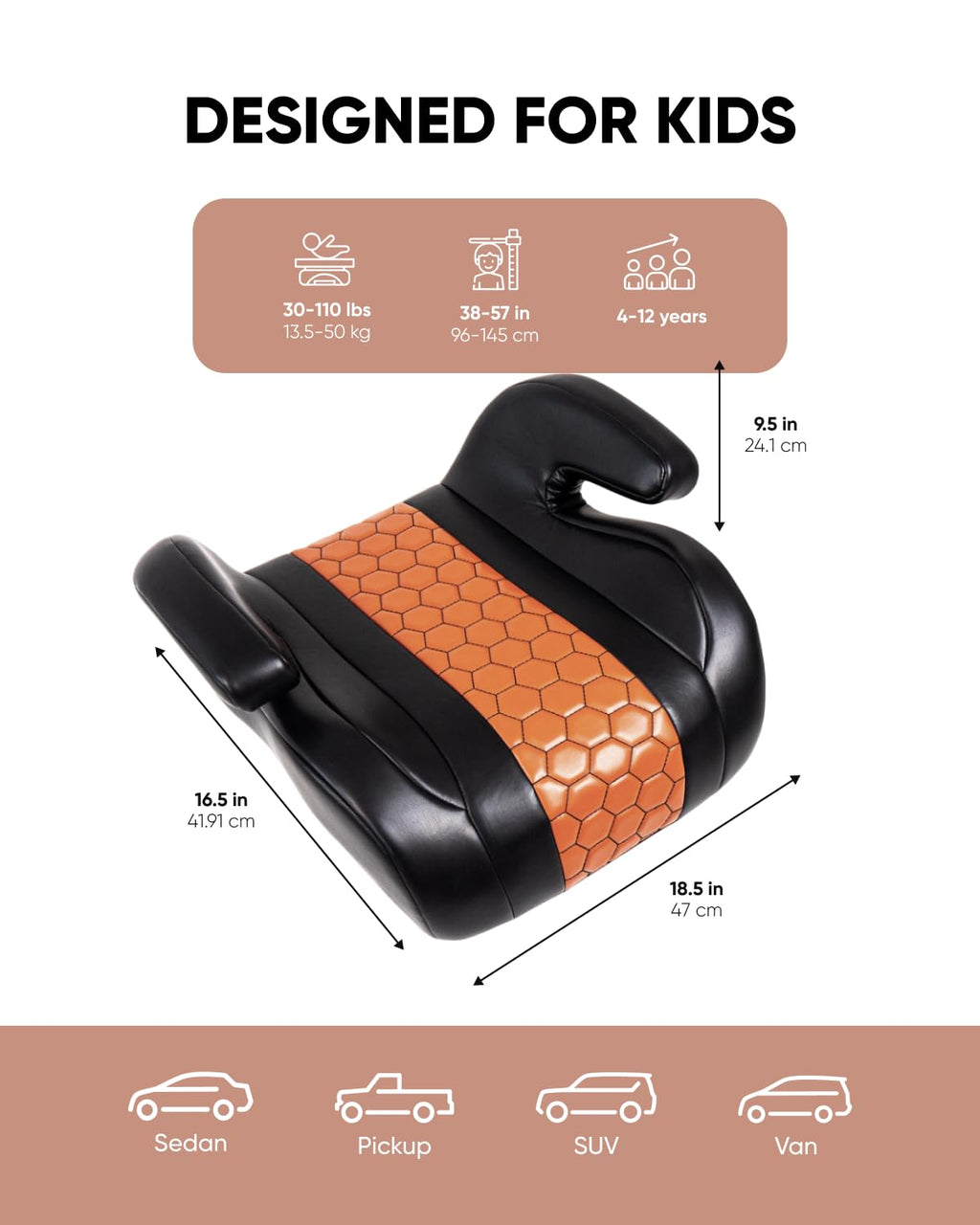 Black-Brown Backless Booster Seat with Latch, Leather Seat Protector & Kick Mat Set Y6300