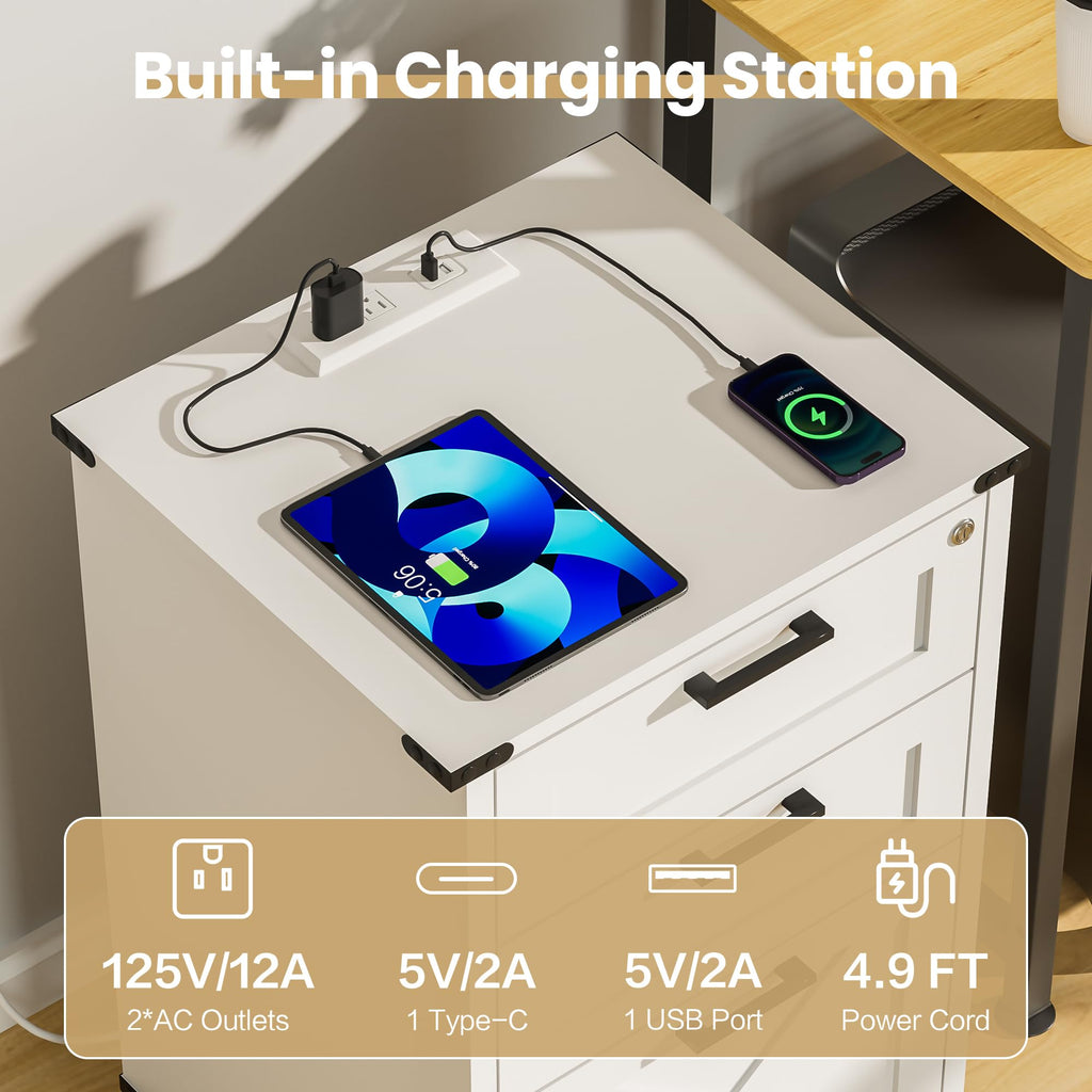 Small Wood File Cabinet with Charging Station and Lock, 3 Drawers R71530