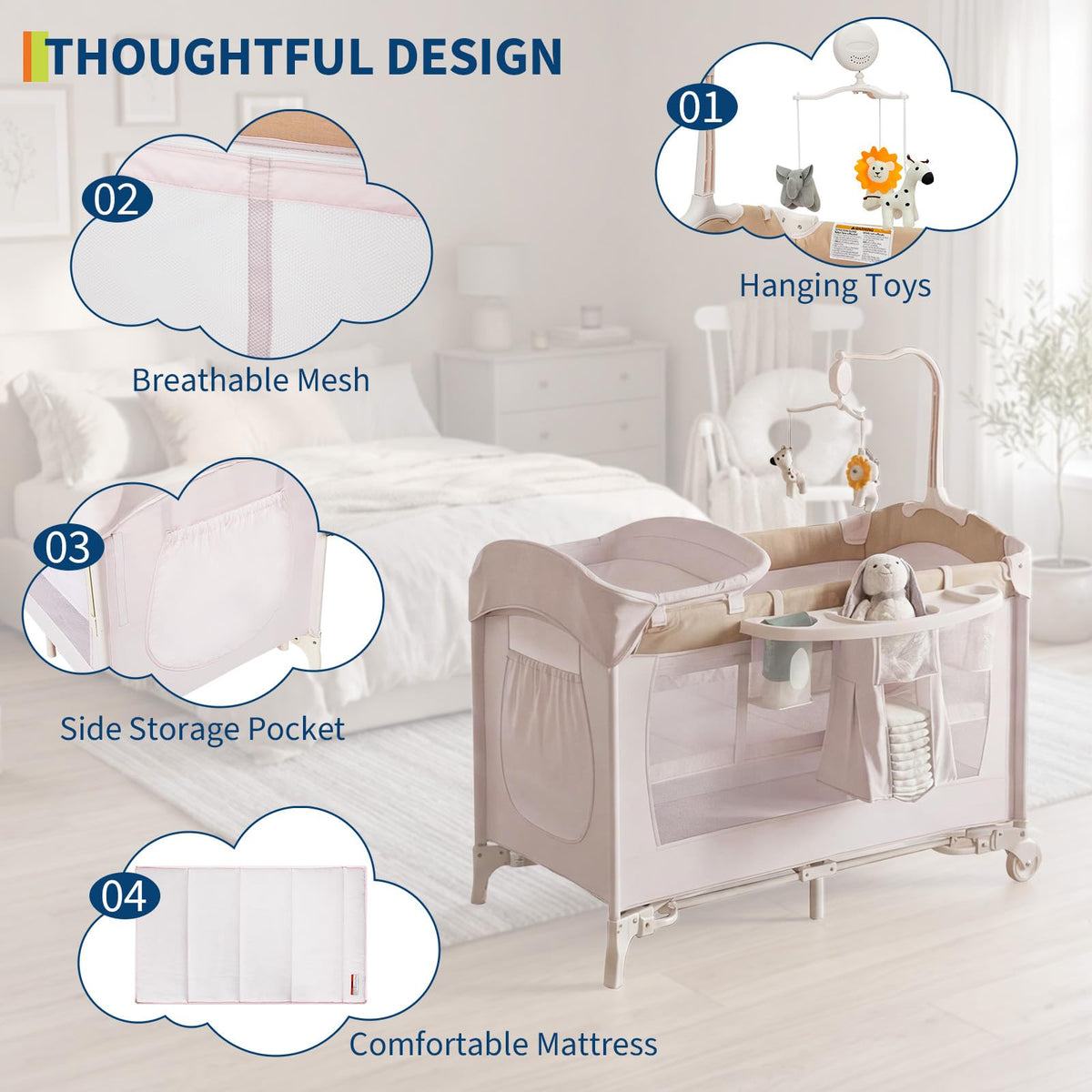 4 in 1 Pack and Play with Bassinet, Changing Table, Playpen and Carry Bag F49323