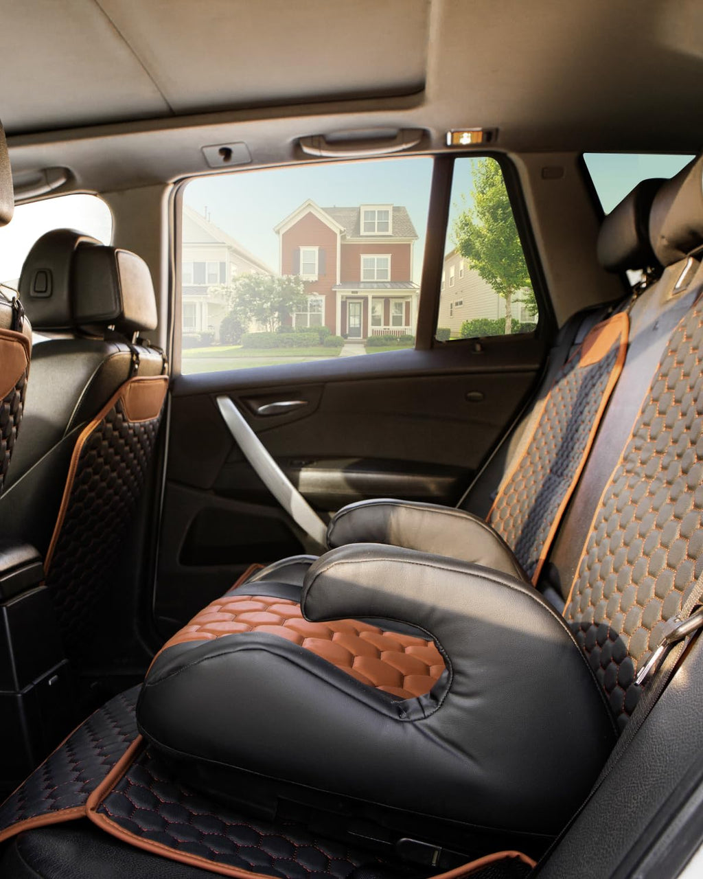 Black-Brown Backless Booster Seat with Latch, Leather Seat Protector & Kick Mat Set Y6300