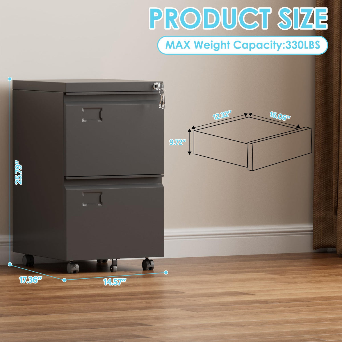 2 Drawer Black Metal File Cabinet with Lock M5320