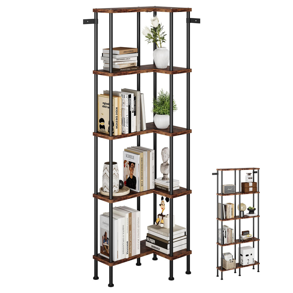 L-Shaped 5-Tier Rustic Brown Bookshelf R16497