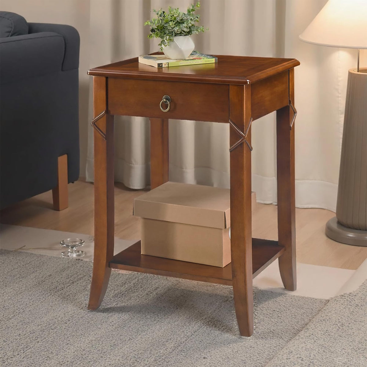 Small Solid Wood Side End Table with Drawer and Storage Shelf K335267