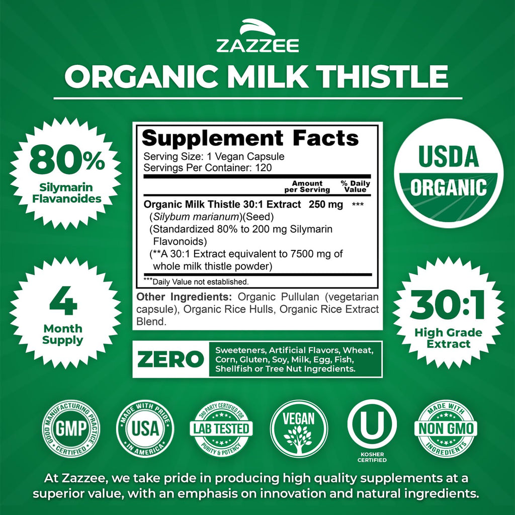 Organic Milk Thistle 30:1 Extract 120 Capsules U196