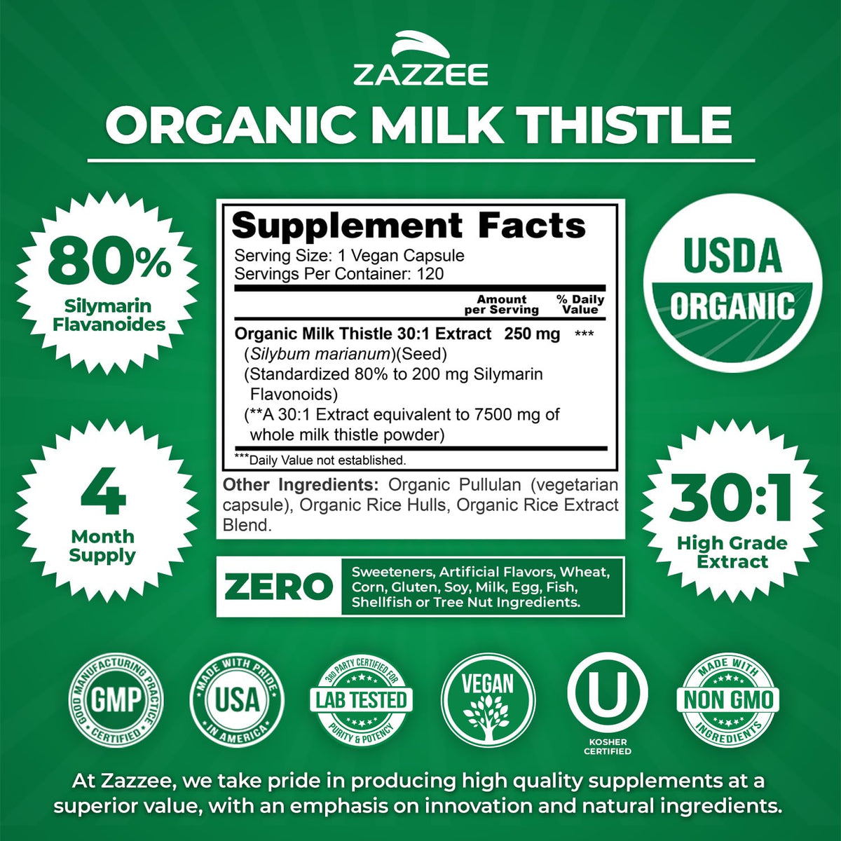 Organic Milk Thistle 30:1 Extract 120 Capsules U196