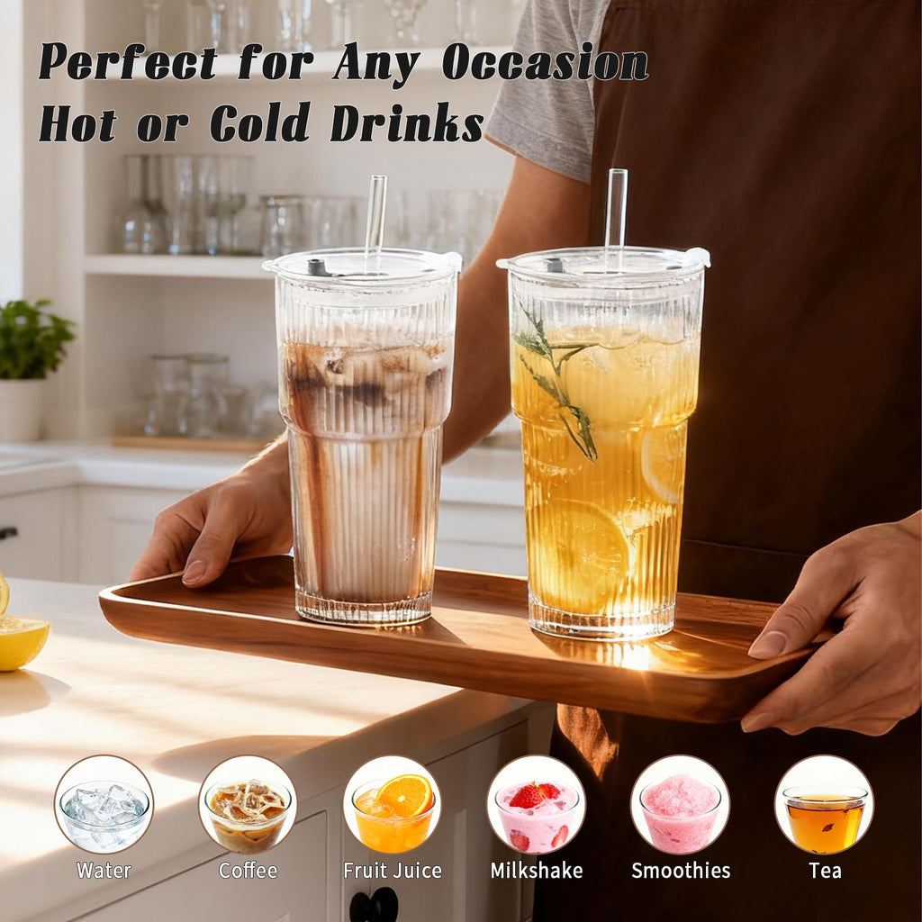 20oz Ribbed Glass Tumbler Set with Lids and Straws, 2 Pack G797