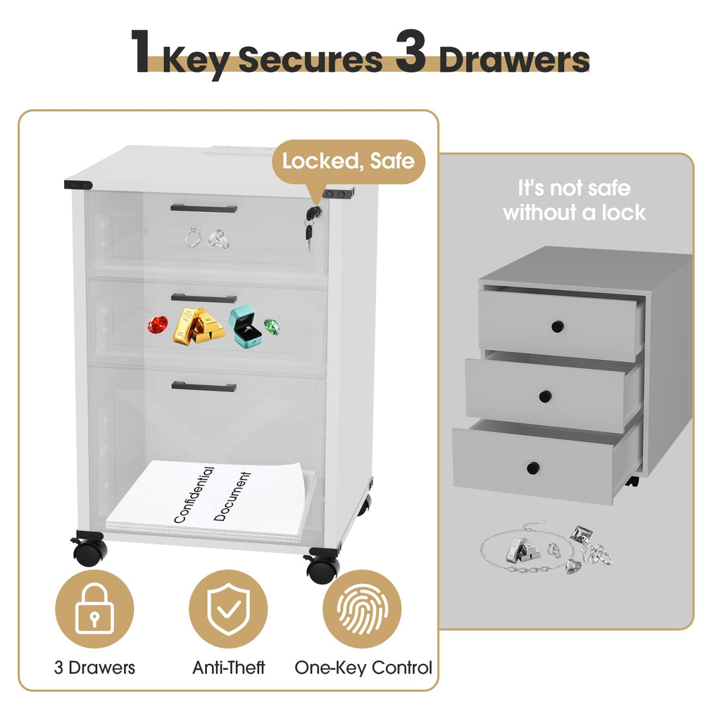 Small Wood File Cabinet with Charging Station and Lock, 3 Drawers R71530