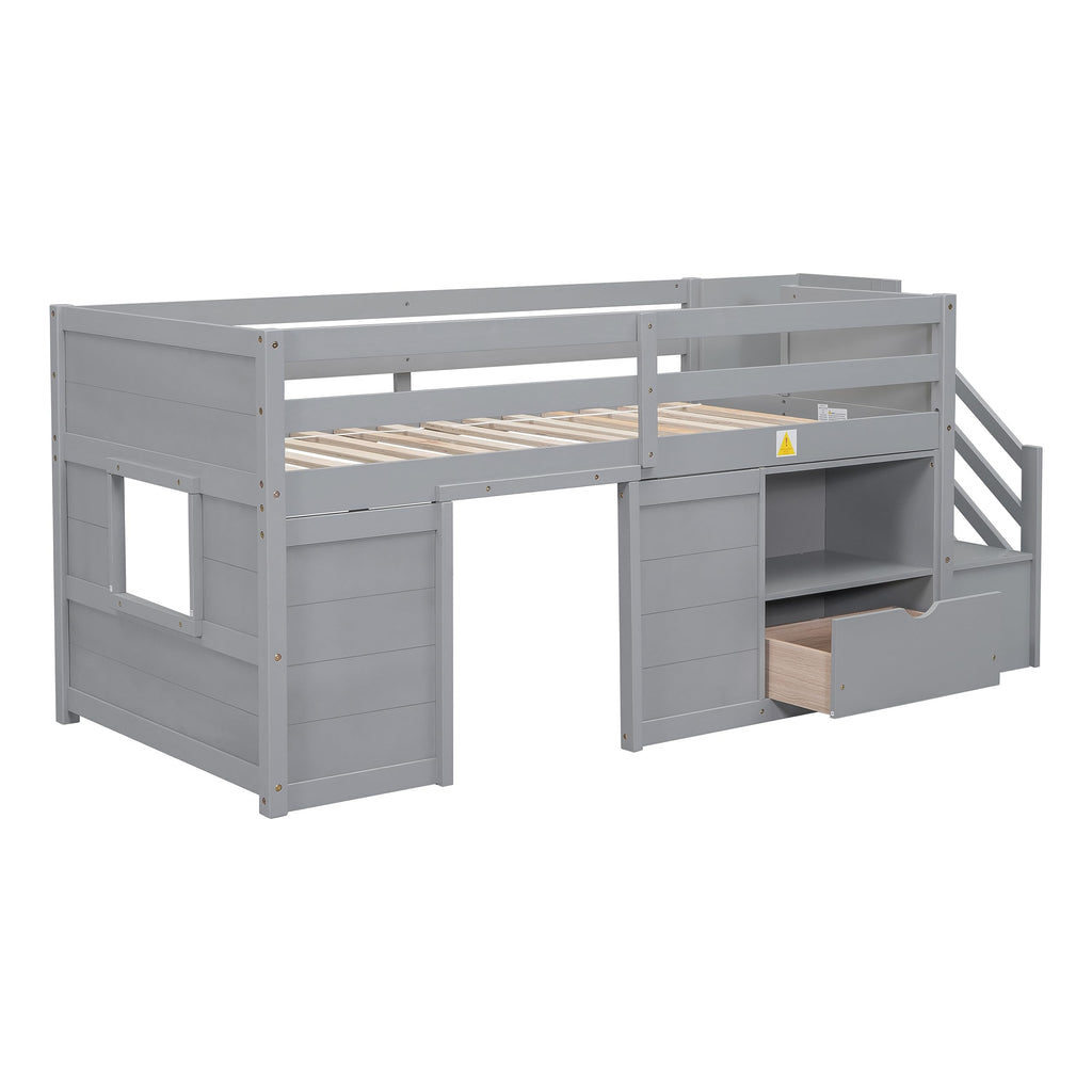 Twin Size Wood Loft Bed with Storage V886