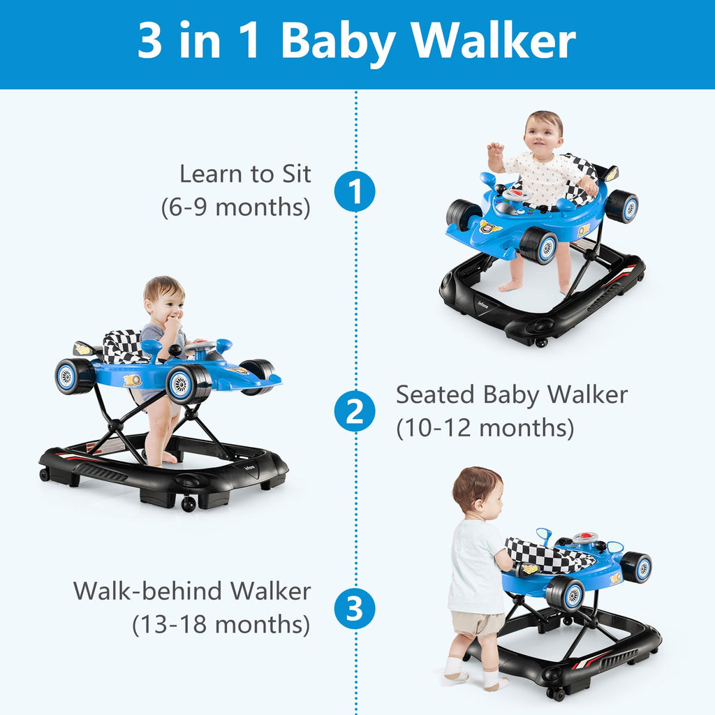 Foldable Baby Walker 3 in 1 Adjustable Height with Lights Music Blue O727558