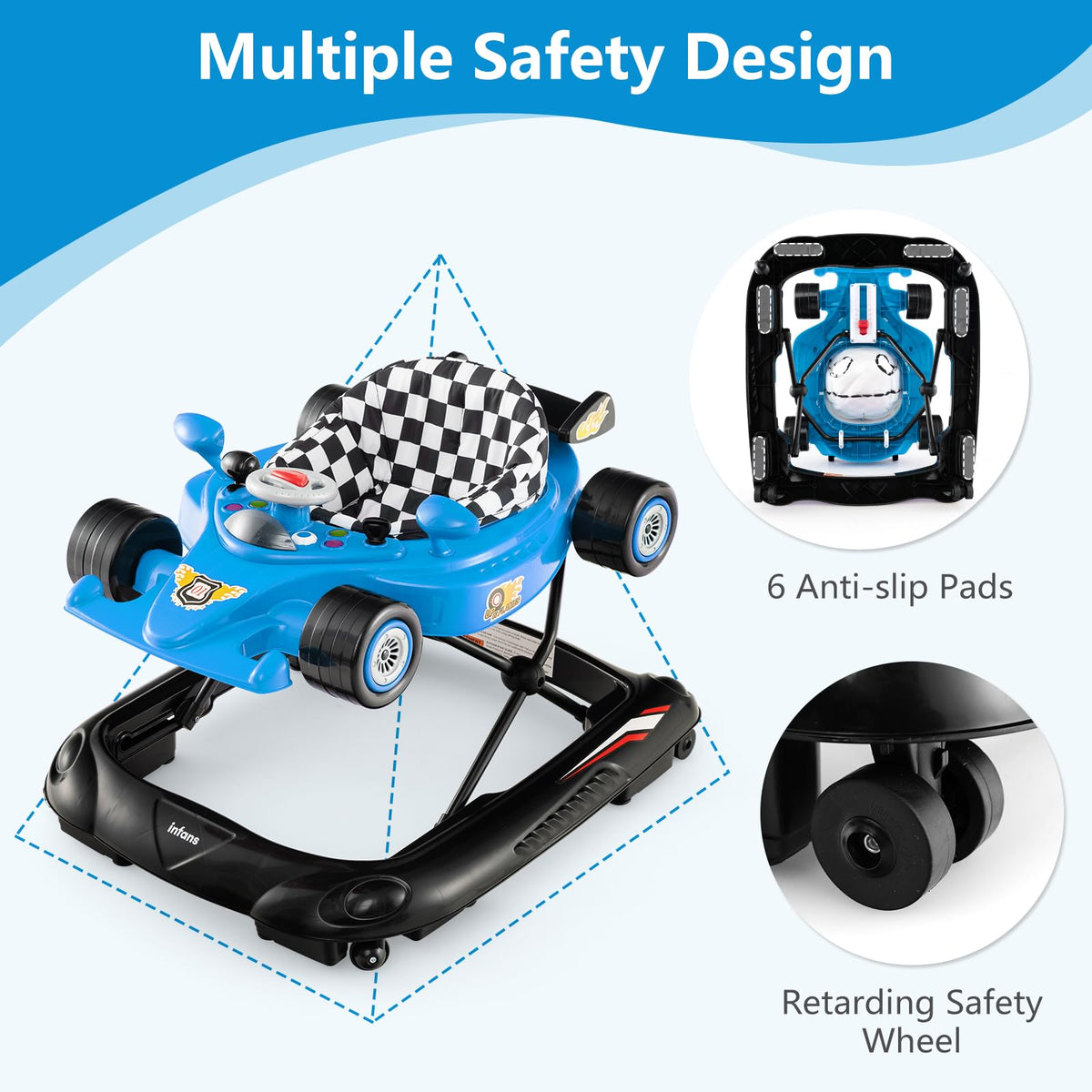 Foldable Baby Walker 3 in 1 Adjustable Height with Lights Music Blue O727558