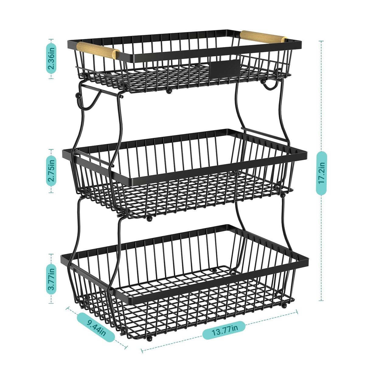Black 3 Tier Metal Fruit Basket with Wooden Handle R1771