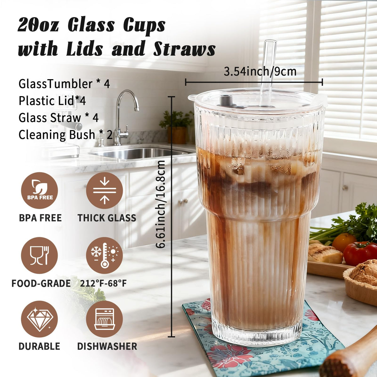 20oz Ribbed Glass Tumbler Set with Lids and Straws, 2 Pack G797
