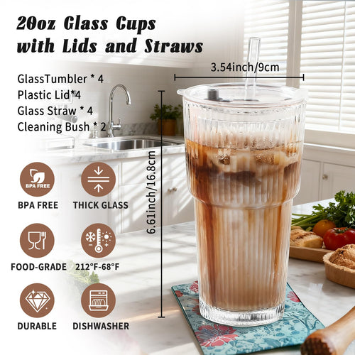 20oz Ribbed Glass Tumbler Set with Lids and Straws, 2 Pack G797