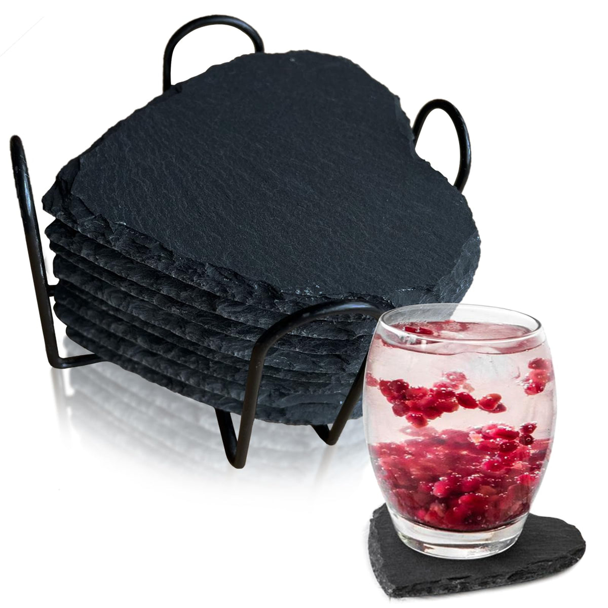 8 Pack Black Slate Coasters with Metal Holder M871
