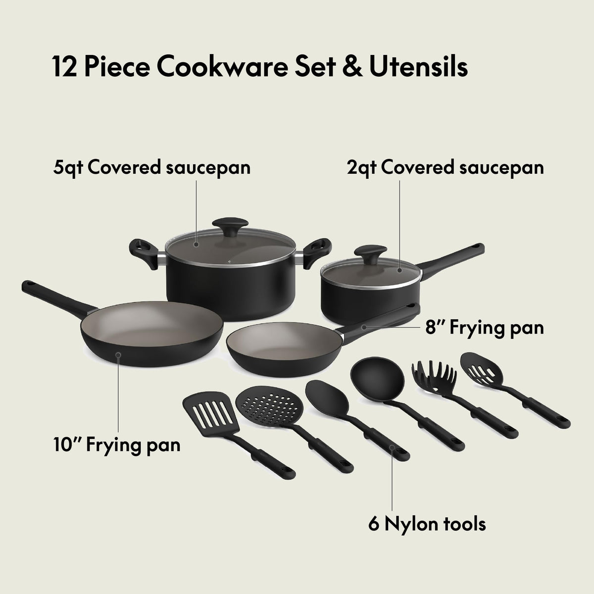 12 Piece Ceramic Nonstick Cookware Set Black I72722