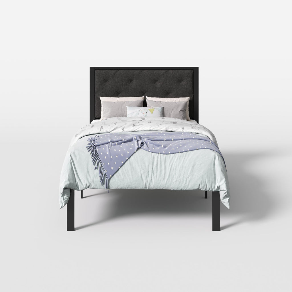 Twin Size Metal Bed Frame with Linen Tufted Headboard D4971