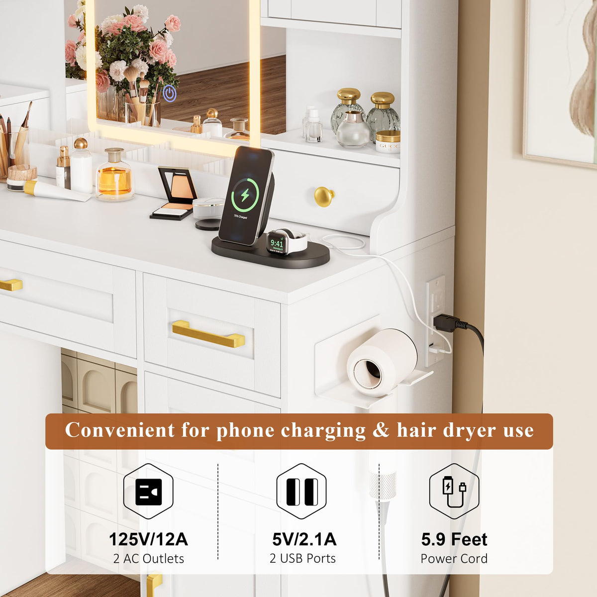 White Vanity Desk with Mirror, LED Lights and Power Outlet Y190405