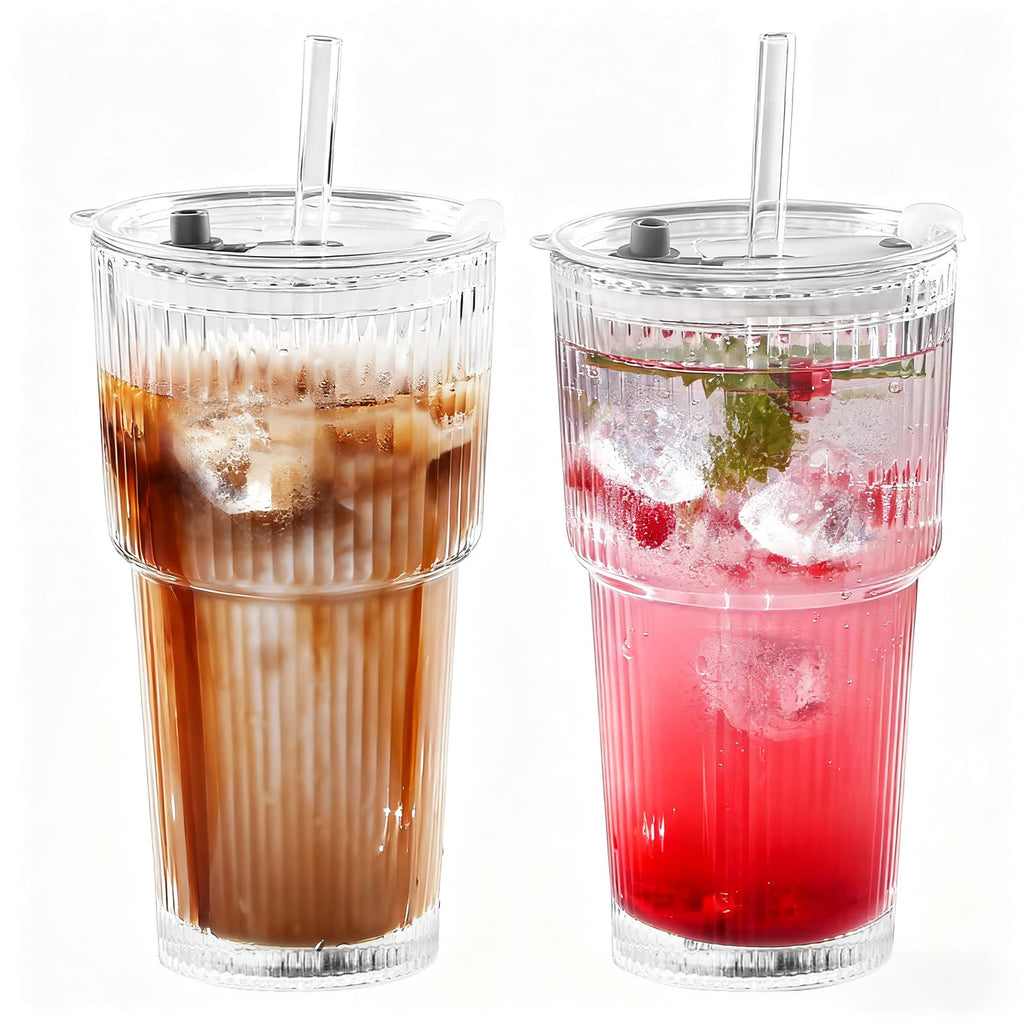 20oz Ribbed Glass Tumbler Set with Lids and Straws, 2 Pack G797