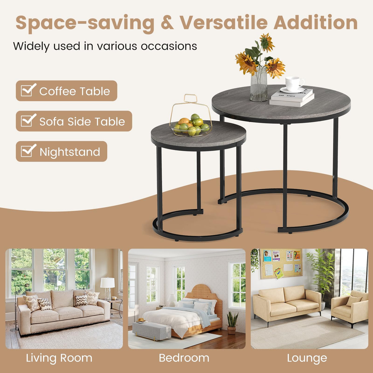 Round Nesting Coffee Table Set of 2 Grey Oak R83526
