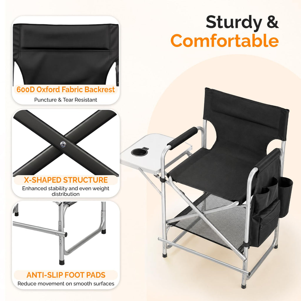 Black Foldable Makeup Chair with Side Table & Footrest S49182