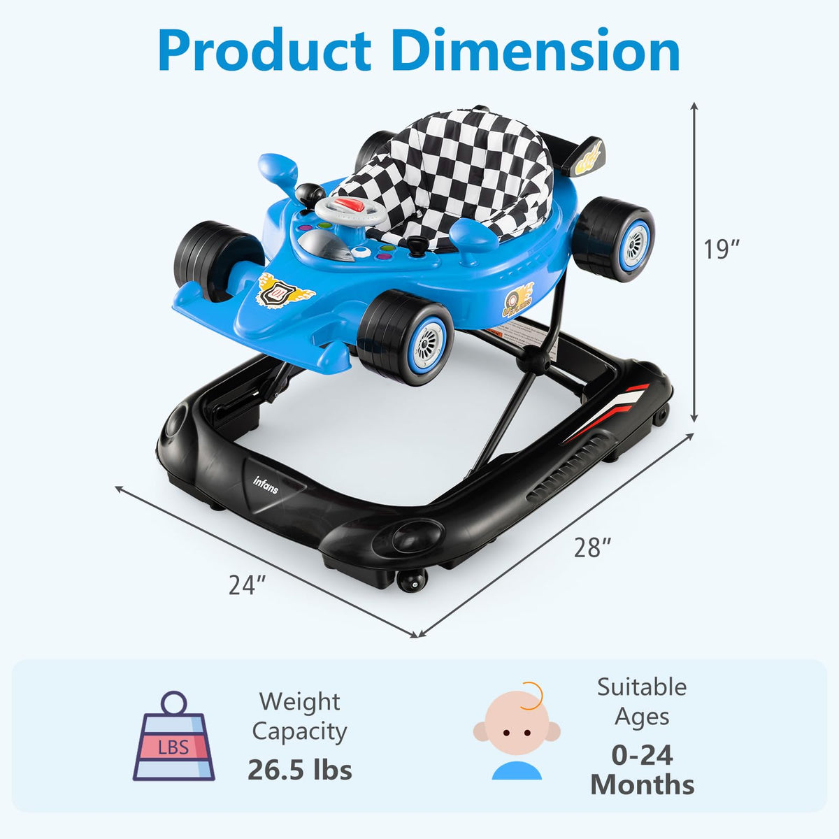 Foldable Baby Walker 3 in 1 Adjustable Height with Lights Music Blue O727558