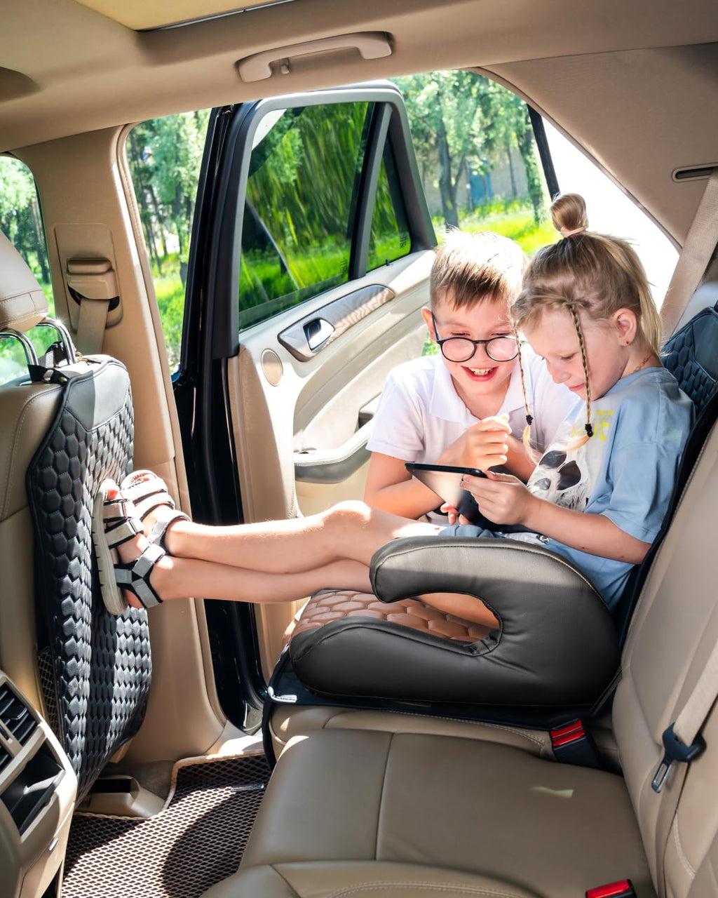 Black-Brown Backless Booster Seat with Latch, Leather Seat Protector & Kick Mat Set Y6300