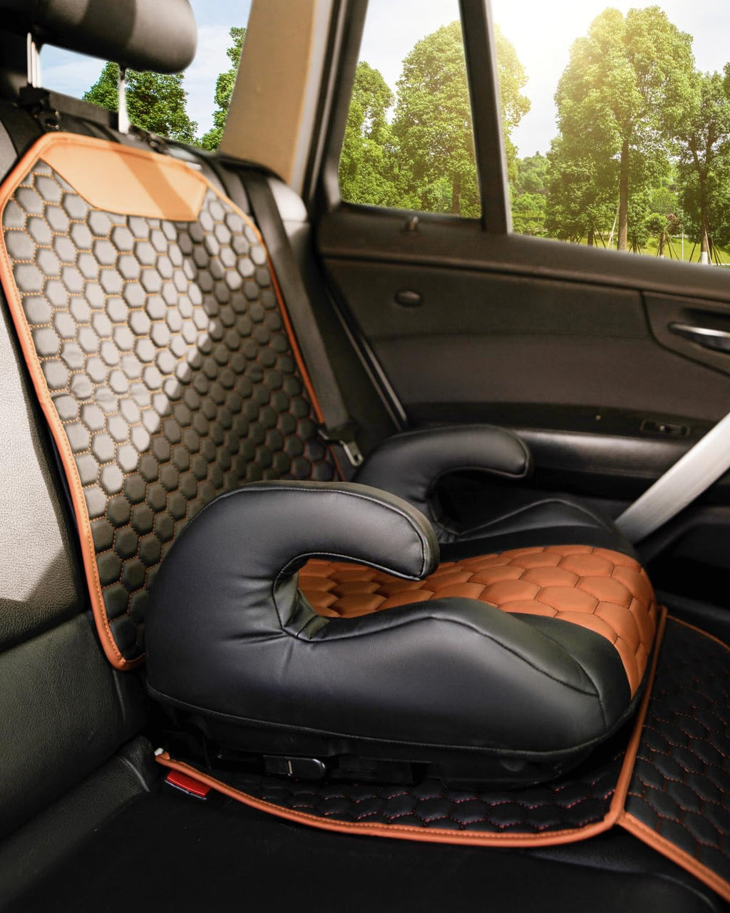 Black-Brown Backless Booster Seat with Latch, Leather Seat Protector & Kick Mat Set Y6300