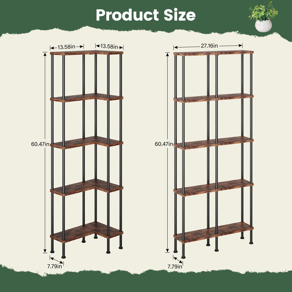 L-Shaped 5-Tier Rustic Brown Bookshelf R16497