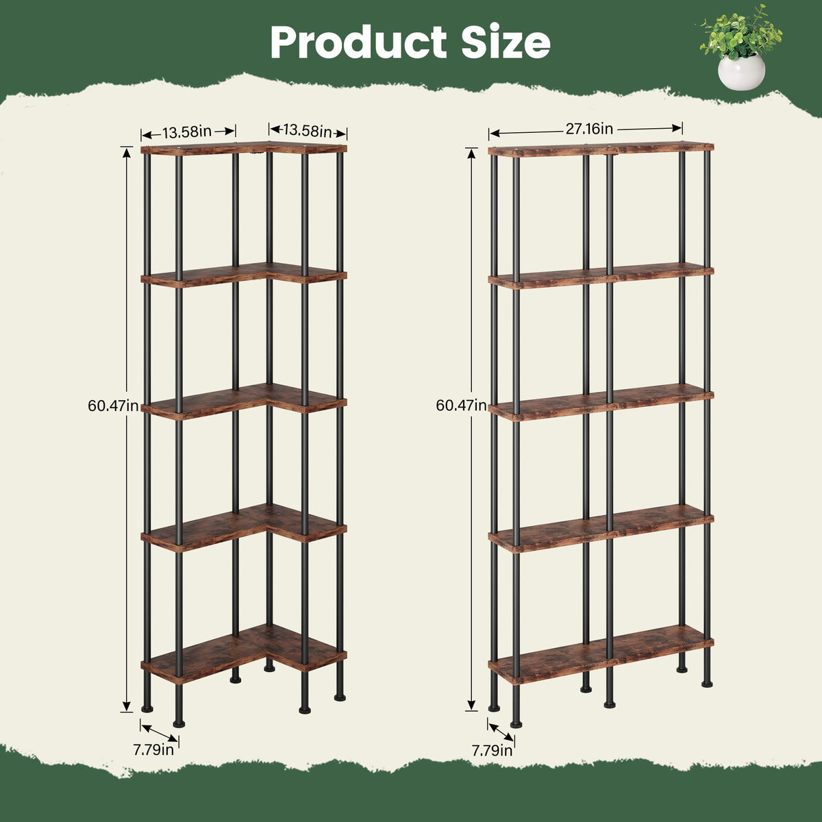 L-Shaped 5-Tier Rustic Brown Bookshelf R16497