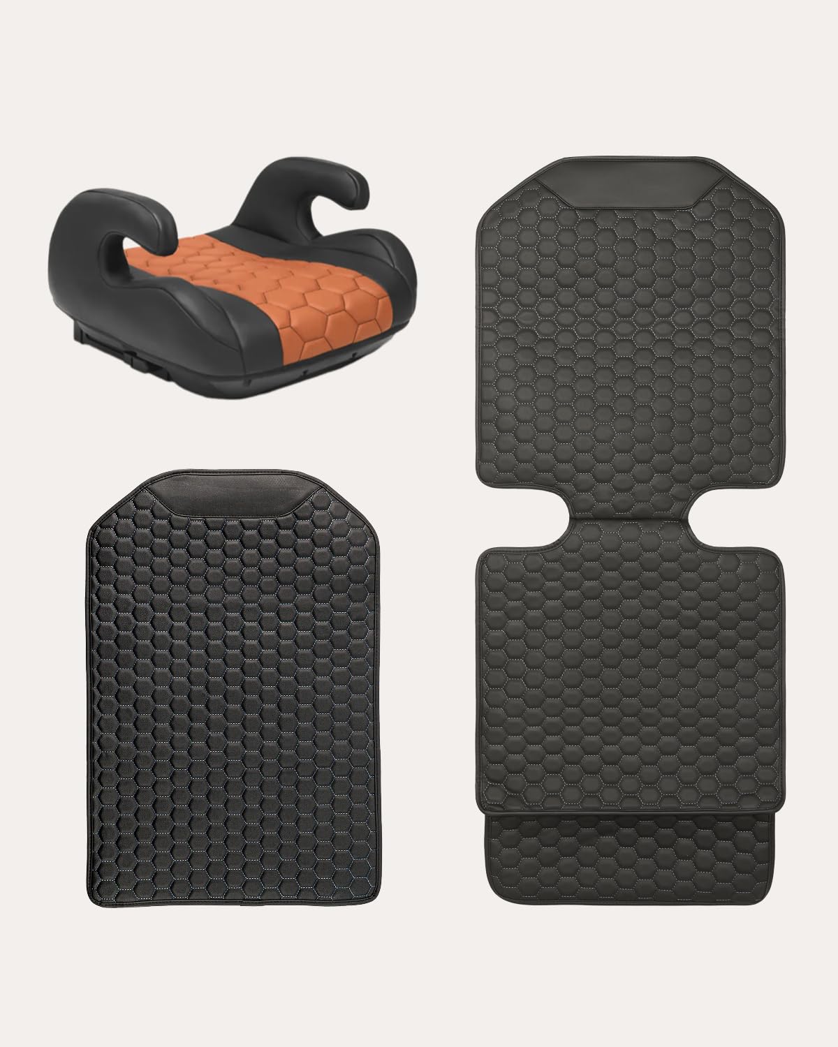 Black-Brown Backless Booster Seat with Latch, Leather Seat Protector & Kick Mat Set Y6300