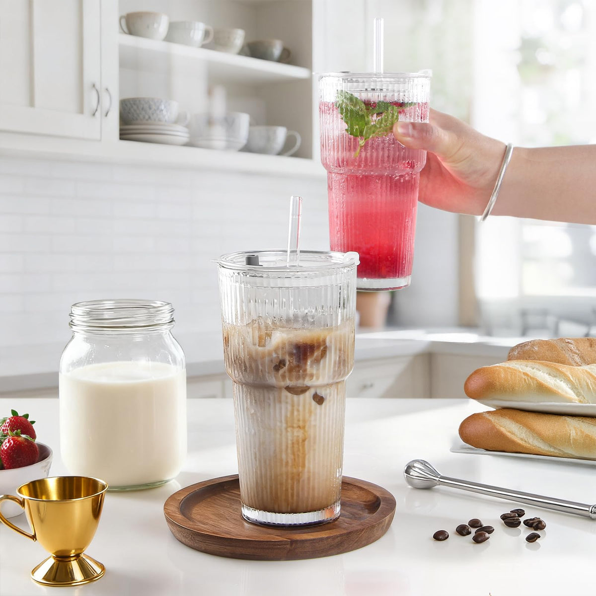 20oz Ribbed Glass Tumbler Set with Lids and Straws, 2 Pack G797