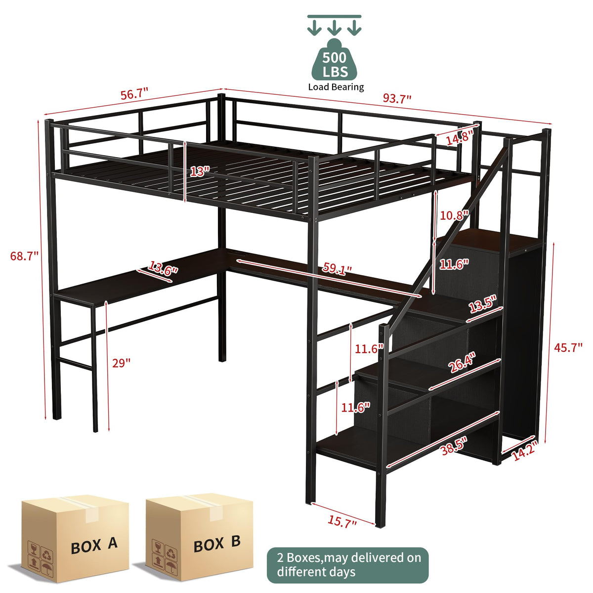 Full Size Metal Loft Bed with Desk & Storage Staircase S253