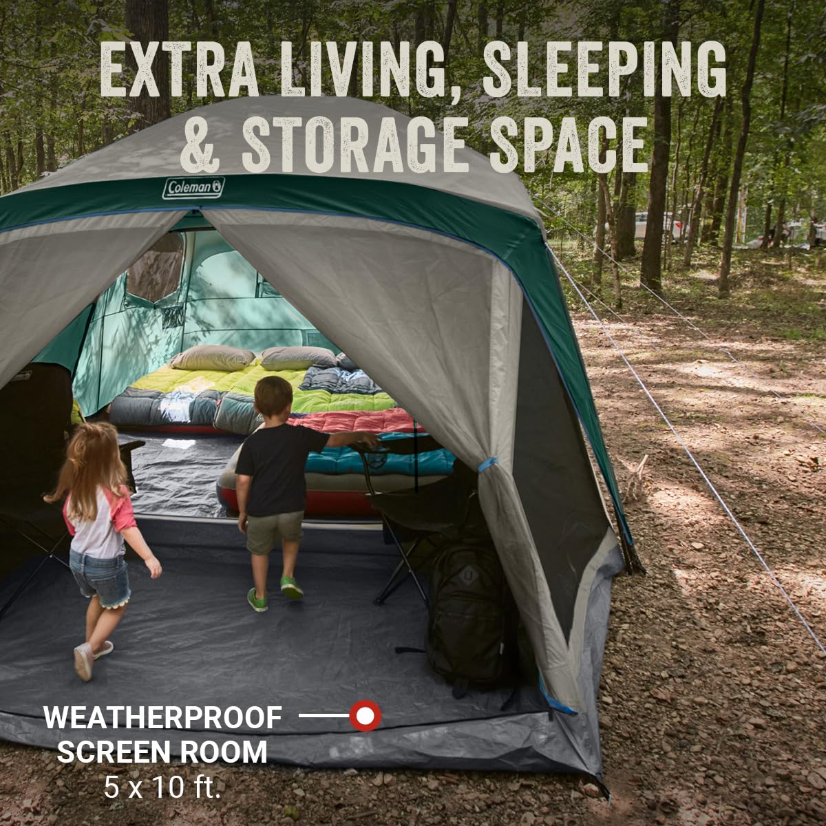 Camping Tent with Rainfly & Screened Porch, Weatherproof Family Tent Fits 4 Queen-Sized Airbeds P952