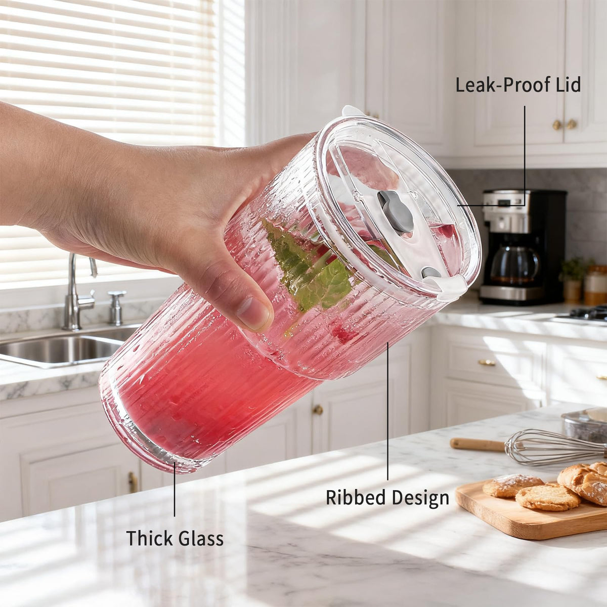 20oz Ribbed Glass Tumbler Set with Lids and Straws, 2 Pack G797