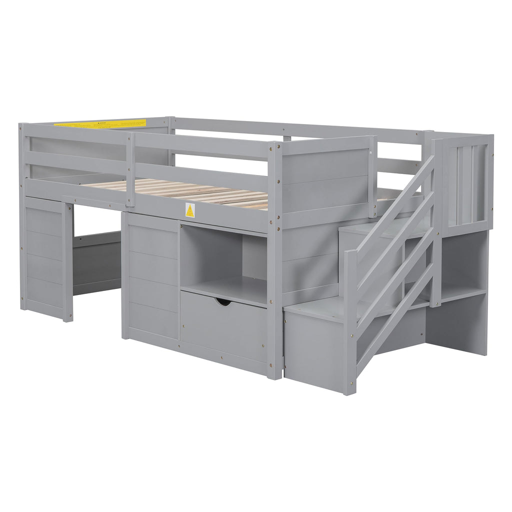 Twin Size Wood Loft Bed with Storage V886