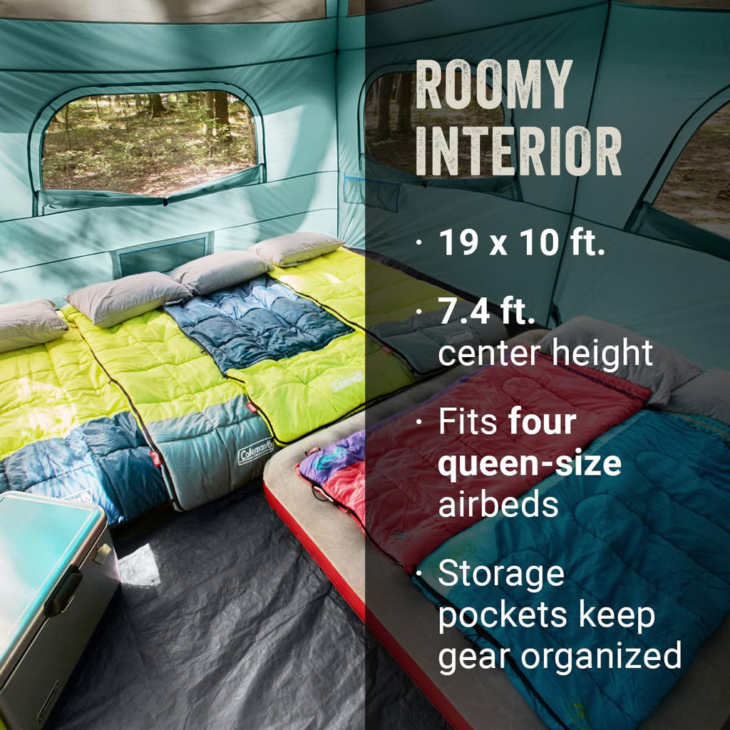 Camping Tent with Rainfly & Screened Porch, Weatherproof Family Tent Fits 4 Queen-Sized Airbeds P952