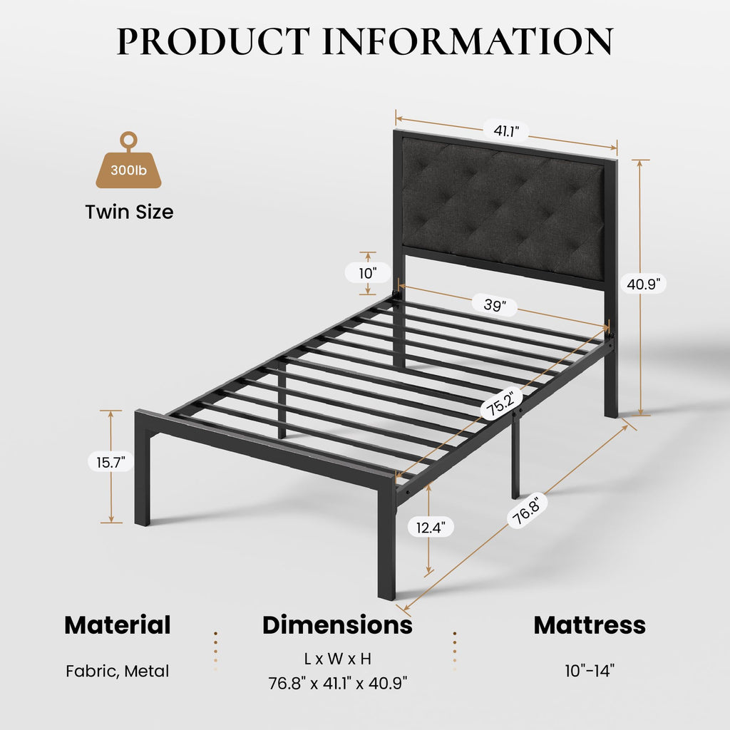 Twin Size Metal Bed Frame with Linen Tufted Headboard D4971