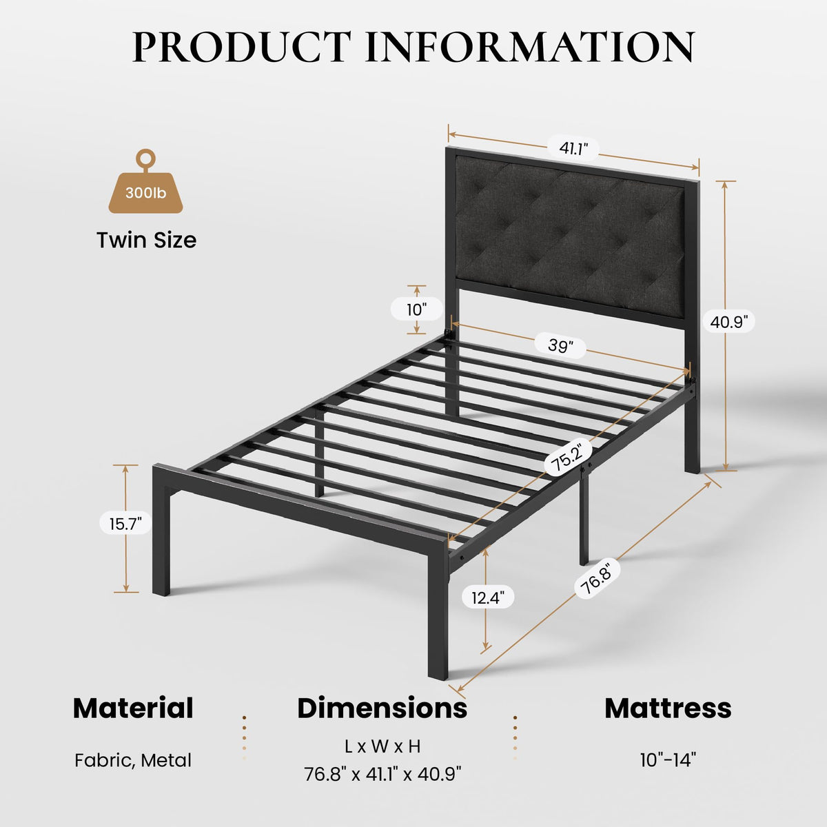 Twin Size Metal Bed Frame with Linen Tufted Headboard D4971